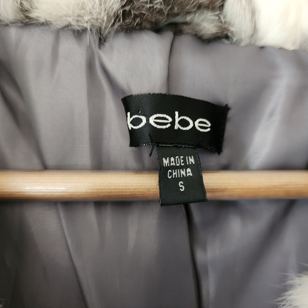 bebe Down Puffer Jacket Womens Small Rabbit Fur Collar Silver Gray Coat Y2K - Picture 5 of 11